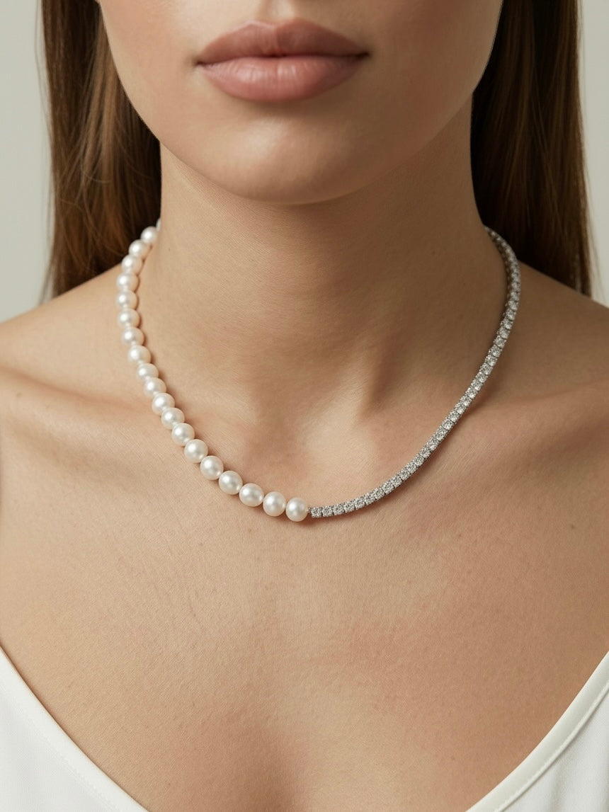 Colier perle Half Tennis Silver