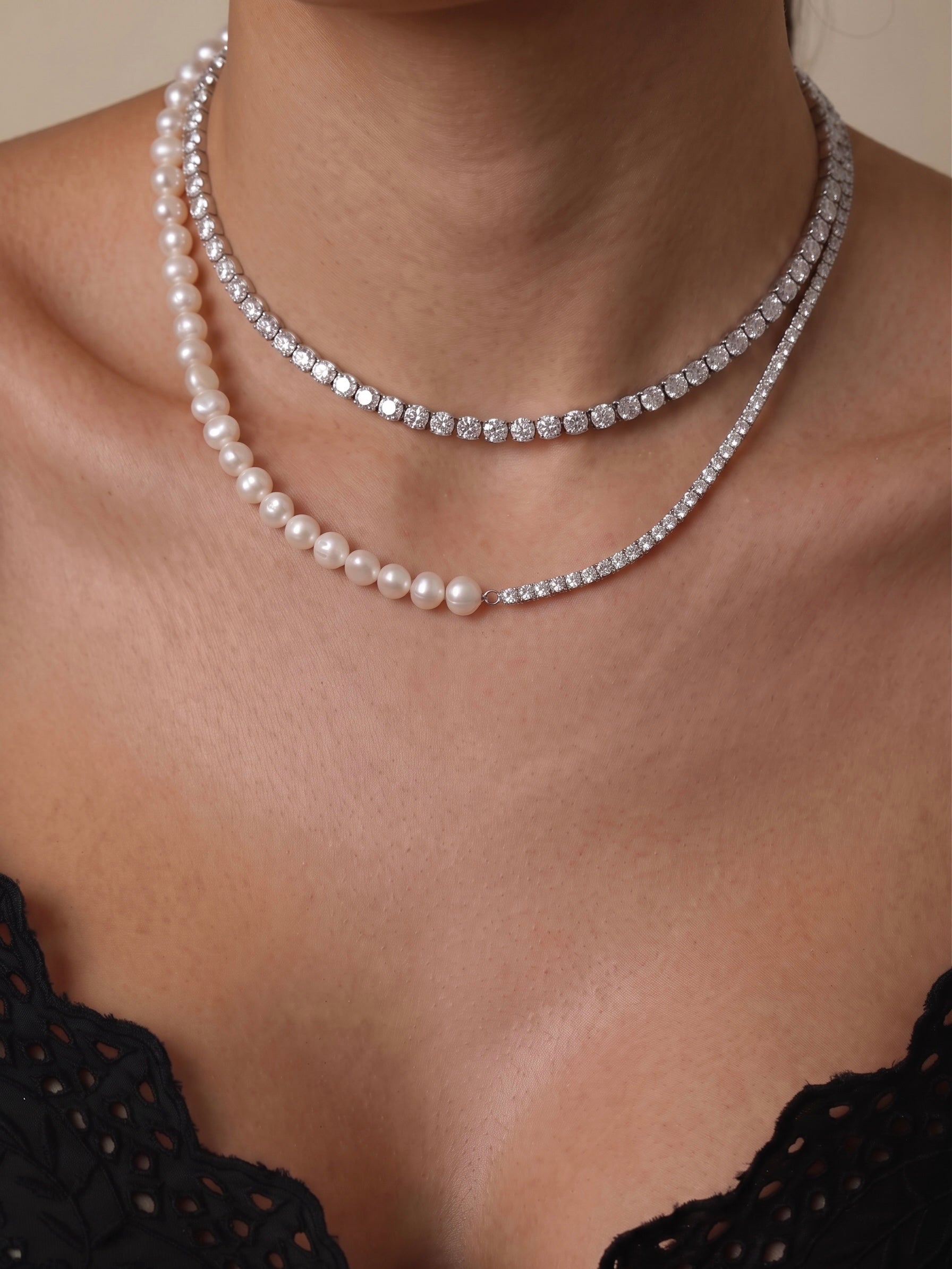 Colier perle Half Tennis Silver