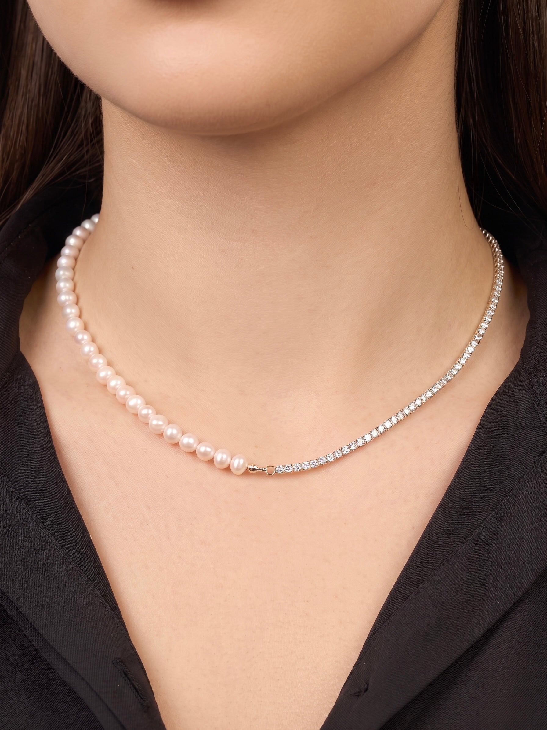 Colier perle Half Tennis Silver